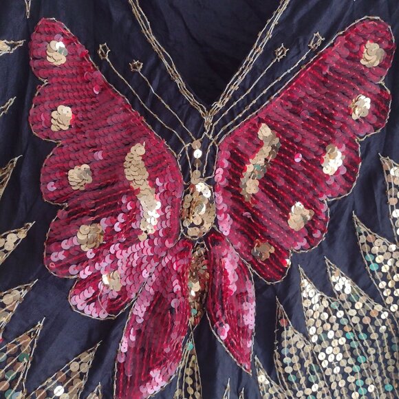 Vintage Butterfly Silk Blouse S M L Gold Red Sequin Fun Disco Going Out Top - Picture 5 of 9